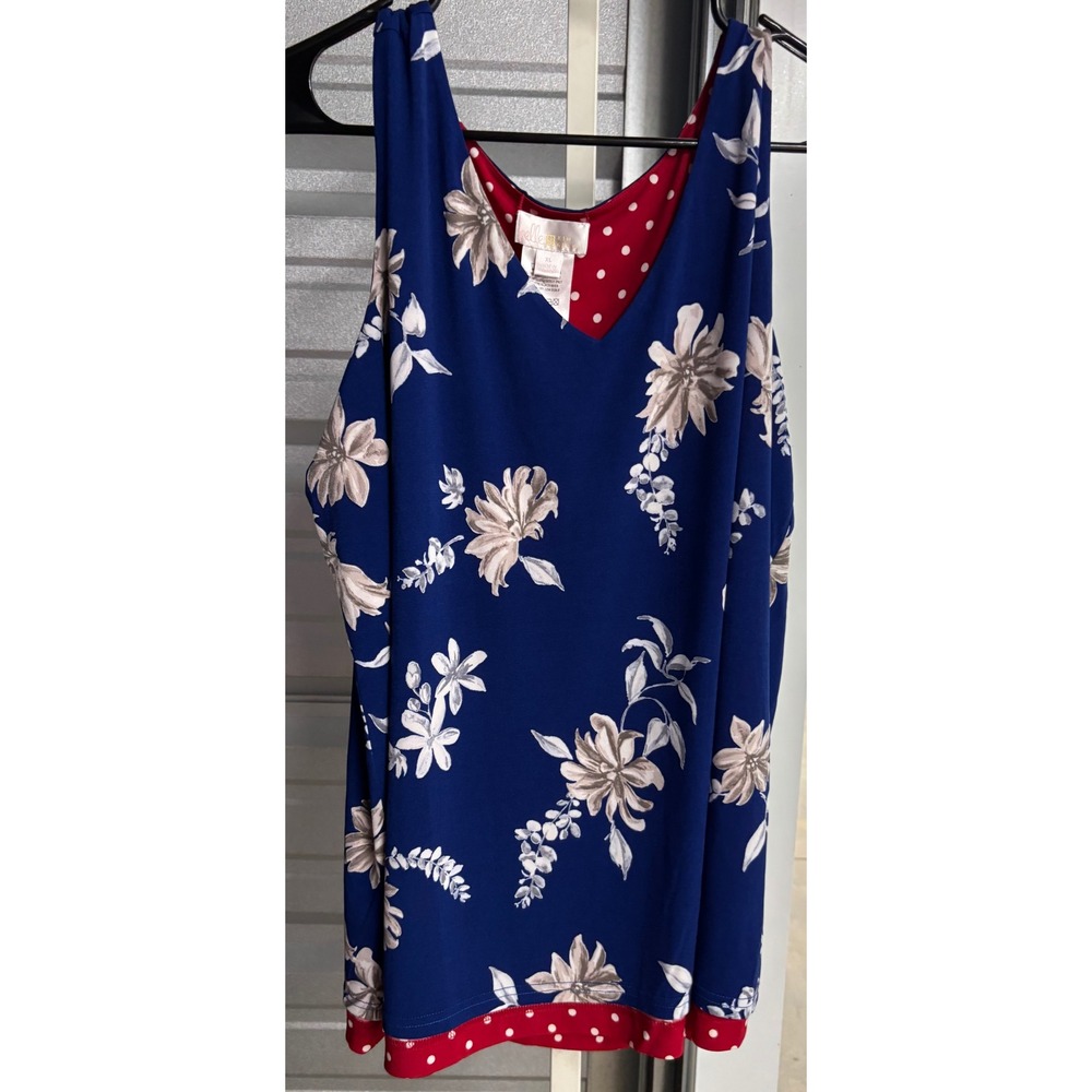 Belle by Kim Gravel Womens XL Blue Floral Polka Dot Trim V-Neck Tank Top - Picture 1 of 5